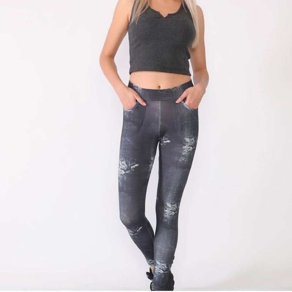 CM Fashion Womens Jeans Patterned Leggings With Pockets-Black